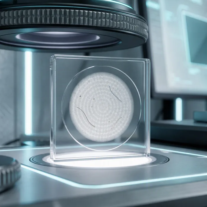 Filtermembran in einem transparenten Halter unter dem Lichtring eines Mikroskops