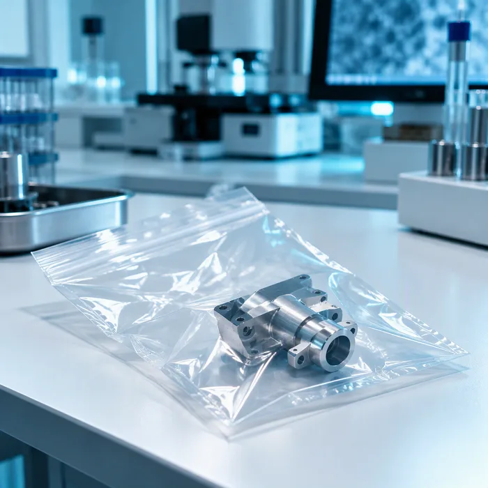 Metallbauteil in einem verschlossenen Probenbeutel auf einem Labortisch
